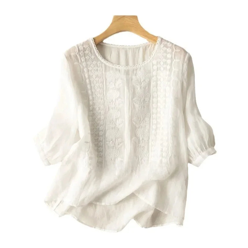 Elegant Embroidered Women's Blouse, Long Sleeve Plus Size Tops with Flattering Fit and Versatile Style