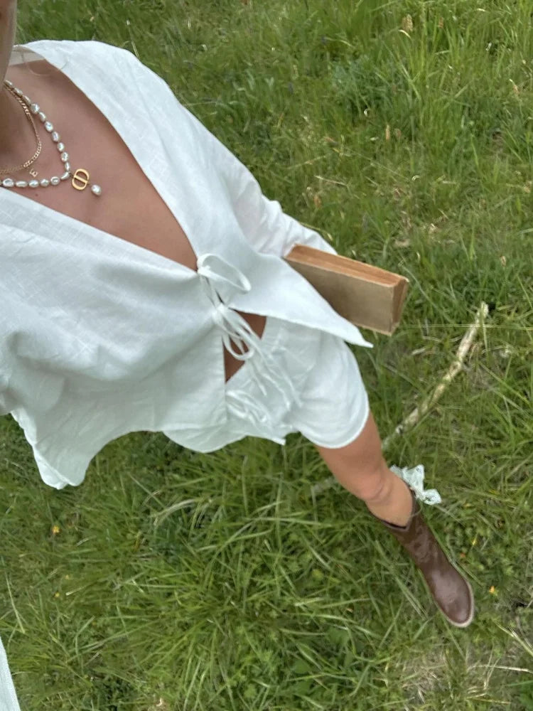 Stylish Long Sleeve Blouse with Openwork V-Neck and Lacing, Breathable Fabric for Spring Fashion