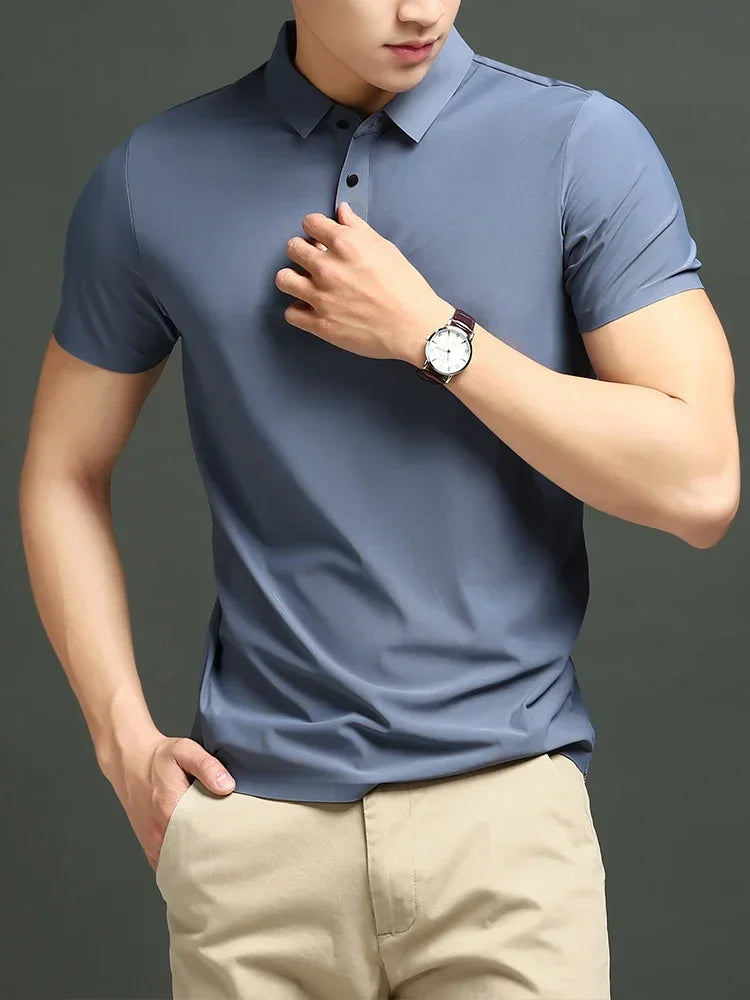 Men's Ice Silk Polo Shirt, Lightweight Breathable Fabric, Adjustable Tailored Fit for Office and Casual Wear