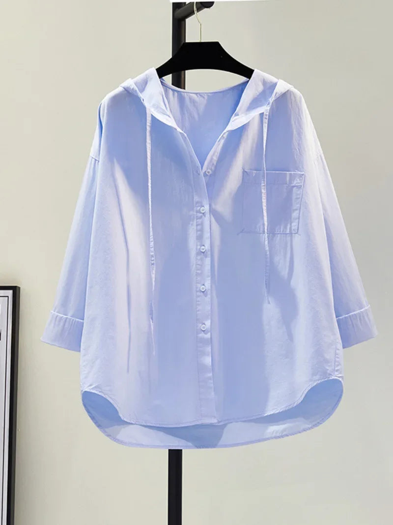 Women's Blouse in Soft Cotton with Hood, Casual Relaxed Fit for Everyday Comfort and Style