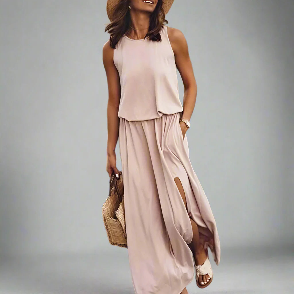 Spring/Summer Women's Trendy Retro Sleeveless Dress, Solid Color Two-Piece Set