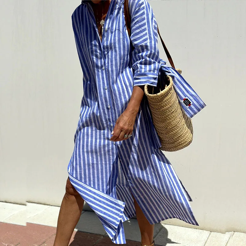 Elegant Women's Striped Shirt Dress, Comfortable Casual Wear for Summer, Versatile Fit in Premium Fabric, Sizes S-XL