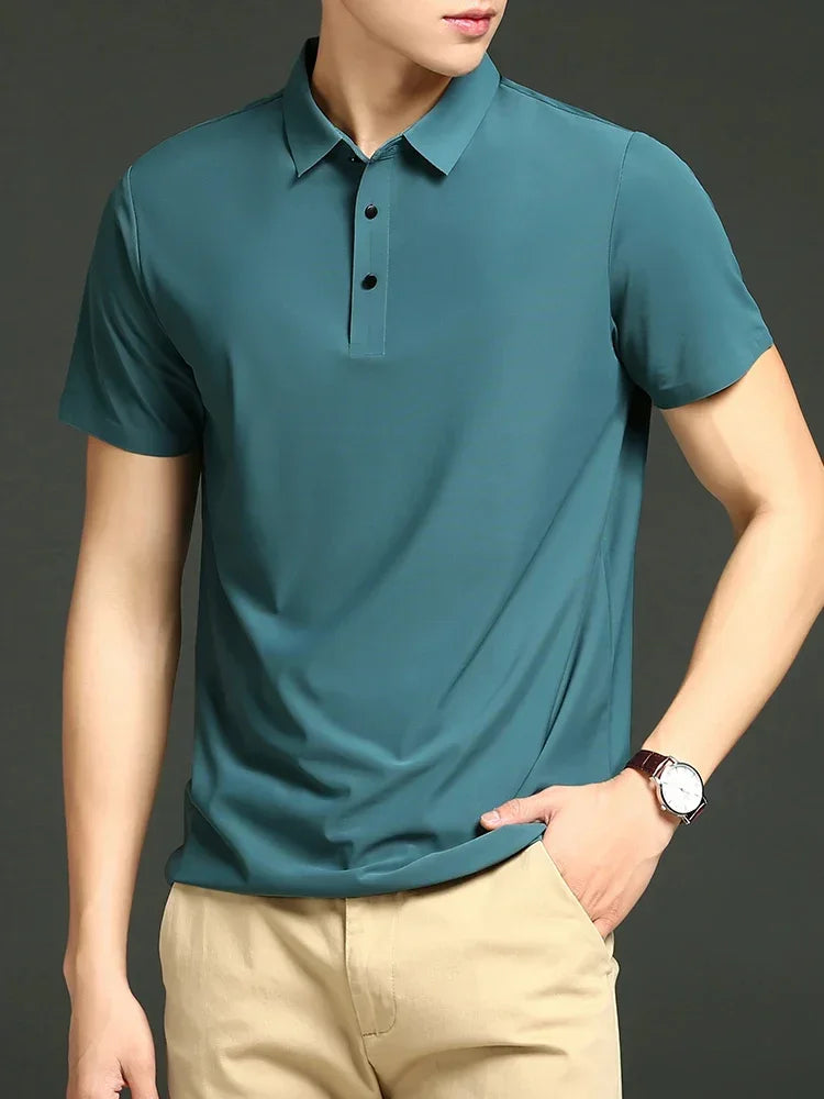 Men's Ice Silk Polo Shirt, Lightweight Breathable Fabric, Adjustable Tailored Fit for Office and Casual Wear