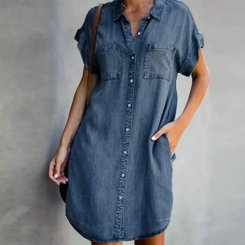 Women's Summer Denim Shirt Dress - Casual Loose Pocket Retro Commuter Office Style