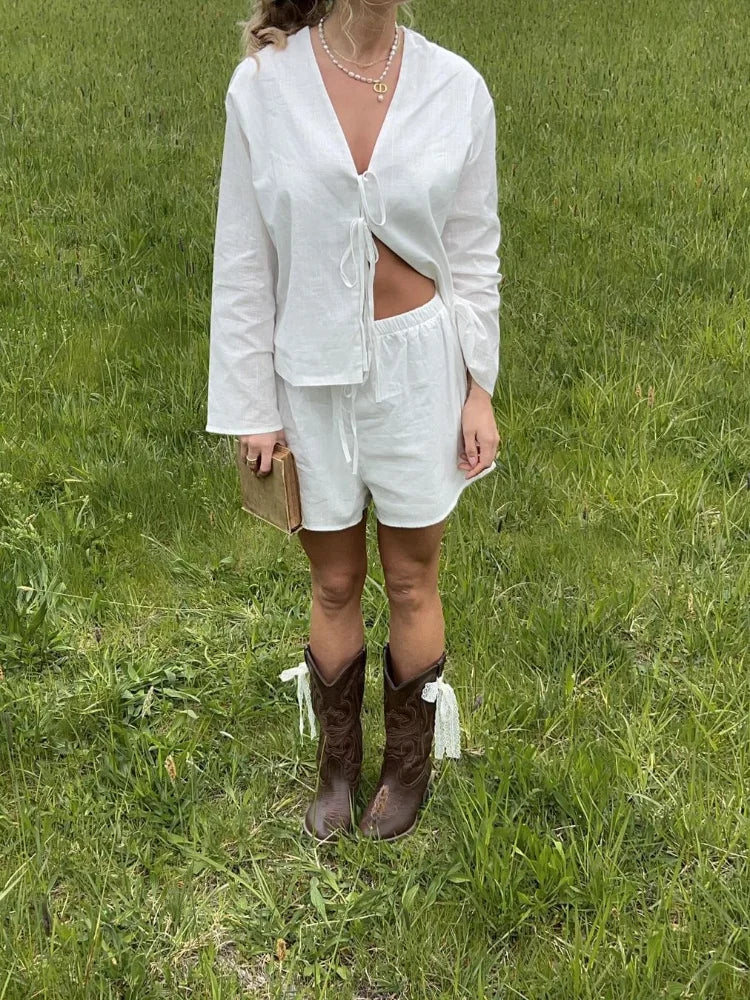 Stylish Long Sleeve Blouse with Openwork V-Neck and Lacing, Breathable Fabric for Spring Fashion