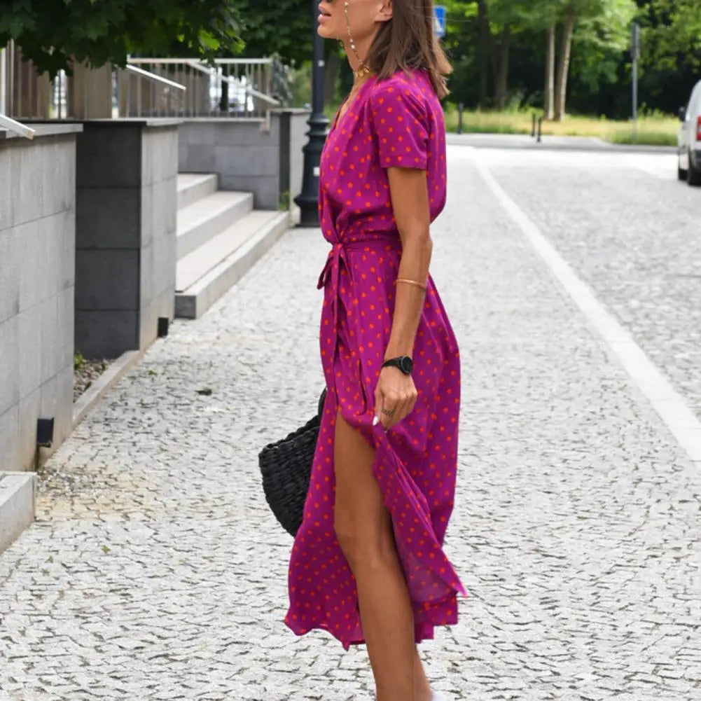 Midi Dress V-neck Short Sleeve Floral Print High Waist Summer Beach Dress Female