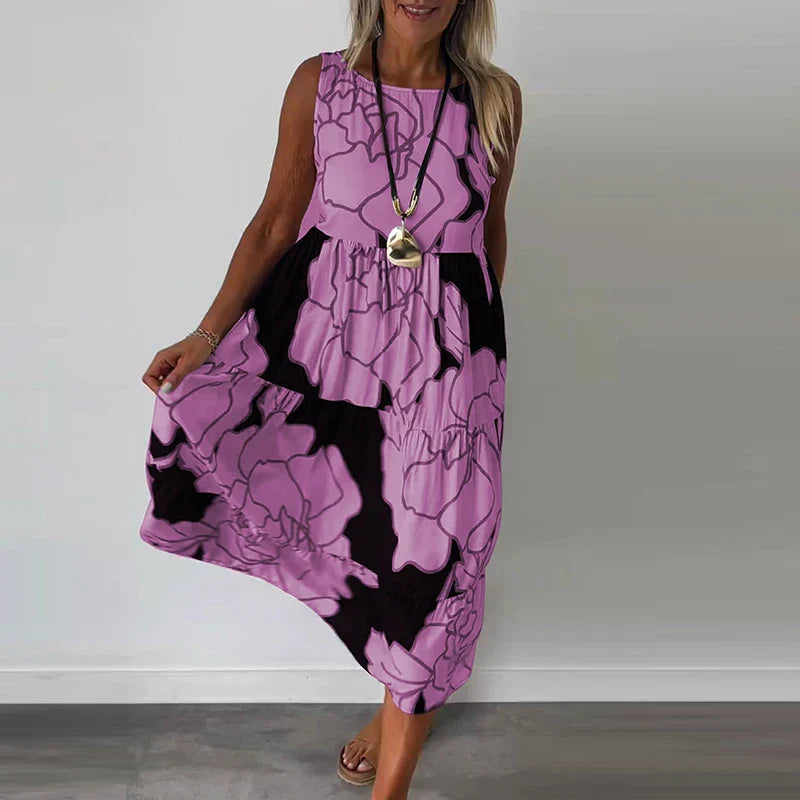 Floral Maxi Dress for Women, Sleeveless Long Dress in Breathable Fabric with Boatneck Neckline and Flattering Fit