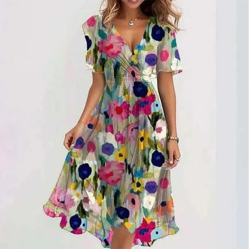 Sexy Deep V-neck Print Women's Summer Dresses - Elegant Swing Party Office Wear