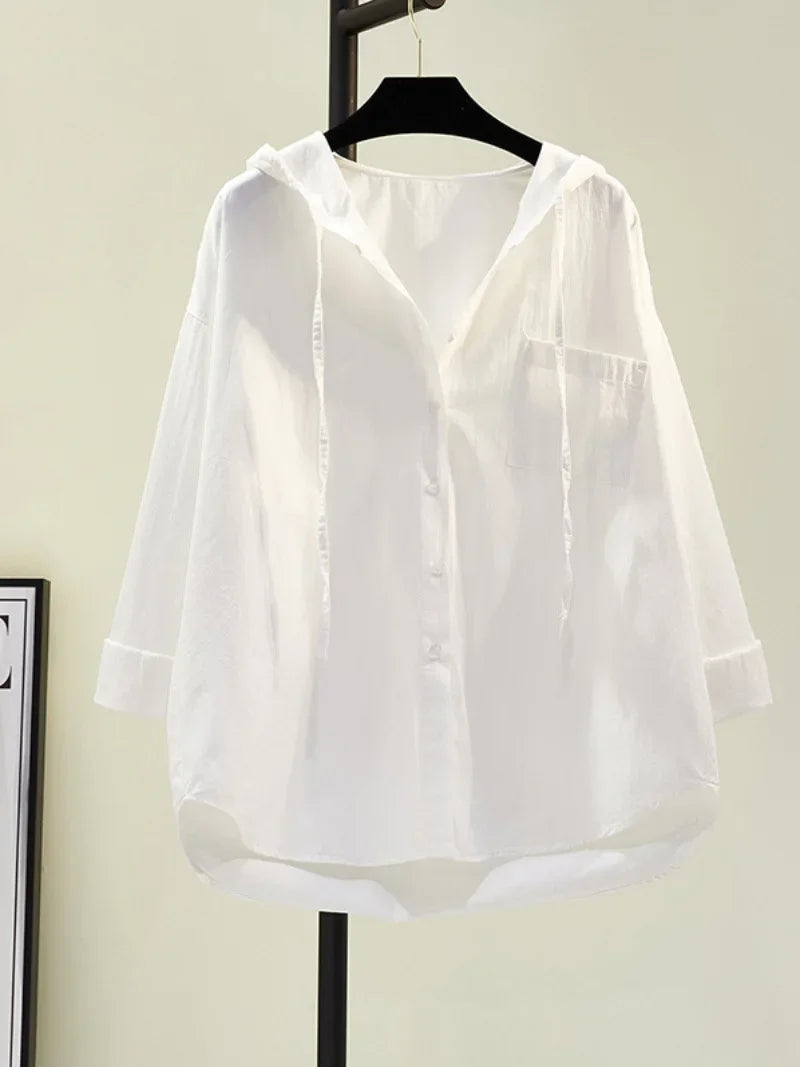 Women's Blouse in Soft Cotton with Hood, Casual Relaxed Fit for Everyday Comfort and Style