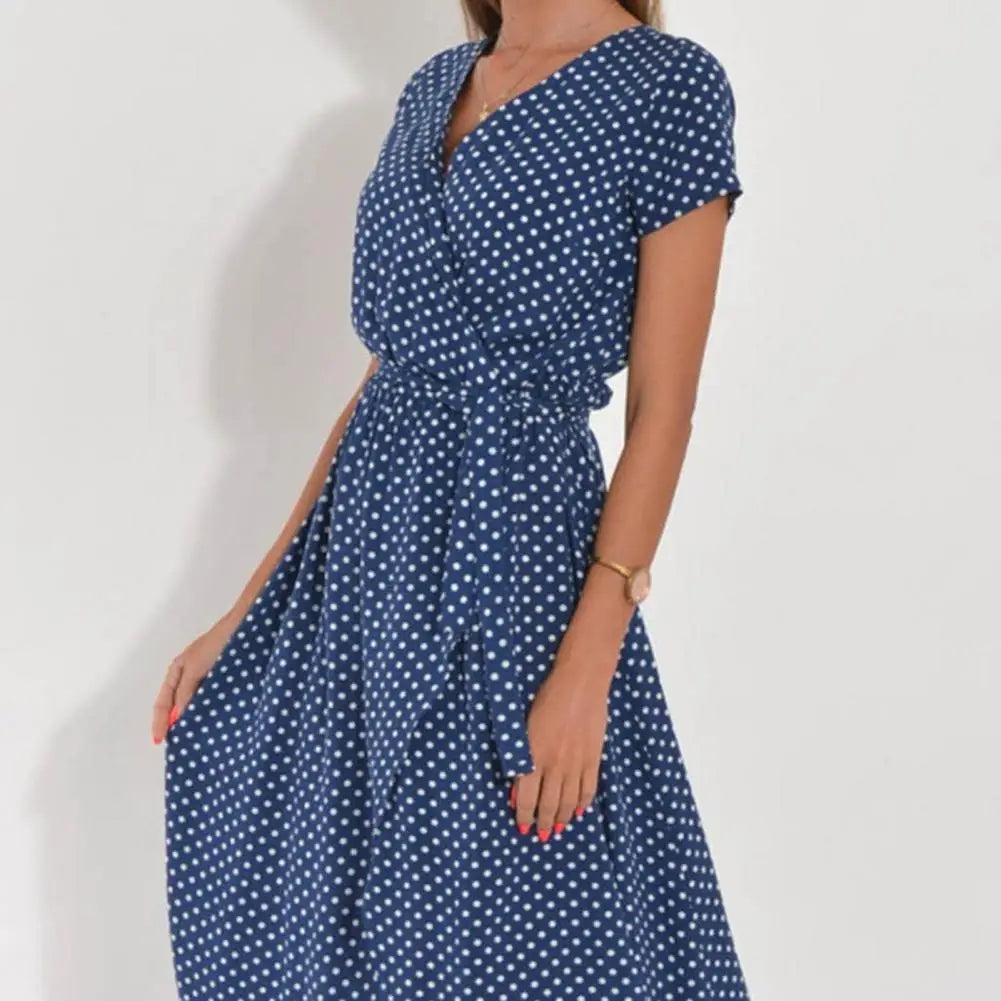 Midi Dress V-neck Short Sleeve Floral Print High Waist Summer Beach Dress Female