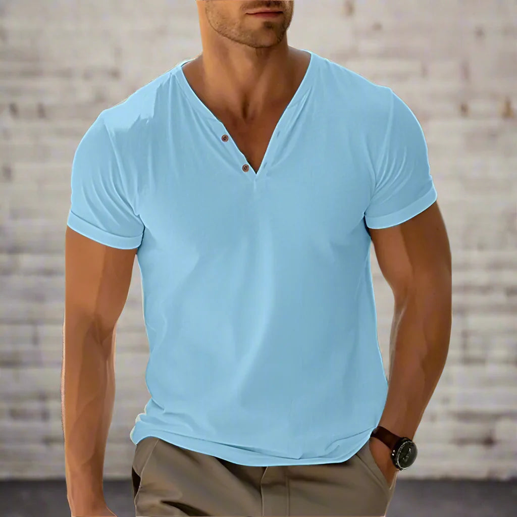 Beach Holiday Casual Men's V-Neck T-Shirt Top - Soft Solid Color Summer Fitness Wear