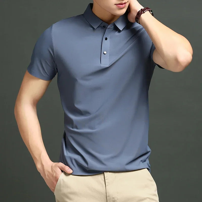 Men's Ice Silk Polo Shirt, Lightweight Breathable Fabric, Adjustable Tailored Fit for Office and Casual Wear