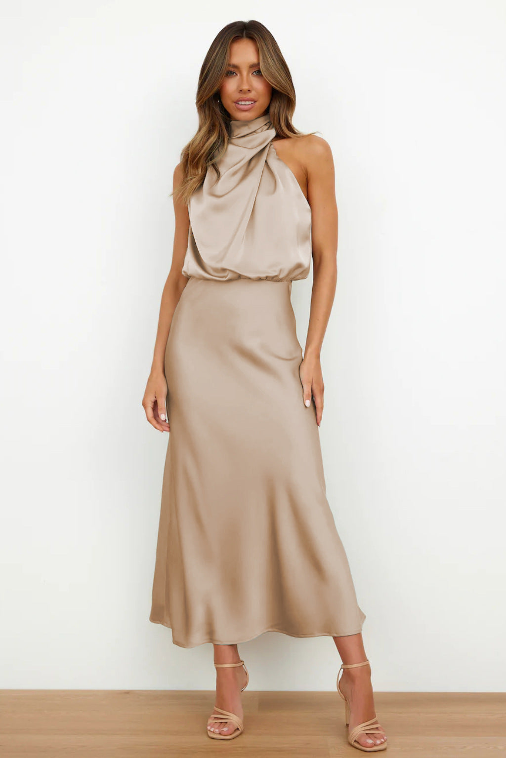 Long Satin Halterneck Formal Dress for Weddings and Elegant Occasions, Full-Length Evening Gown