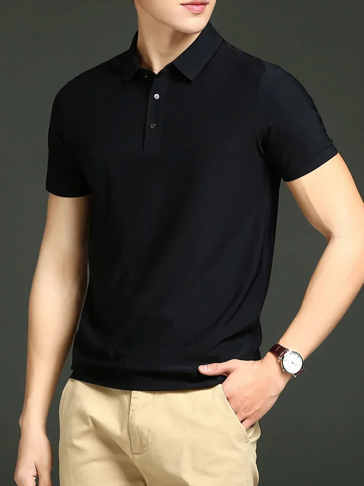Men's Ice Silk Polo Shirt, Lightweight Breathable Fabric, Adjustable Tailored Fit for Office and Casual Wear