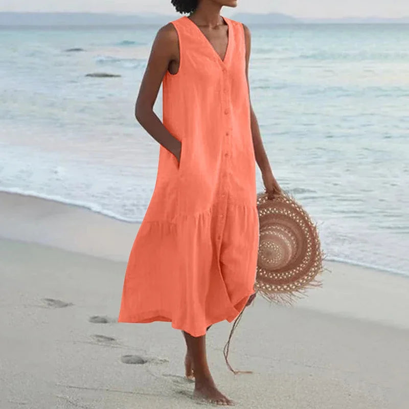 Sommerliches, lockeres Patchwork-Kleid aus Baumwoll-Leinen-Mischgewebe mit V-Ausschnitt – Midi-Länge im Strandstil für Damen