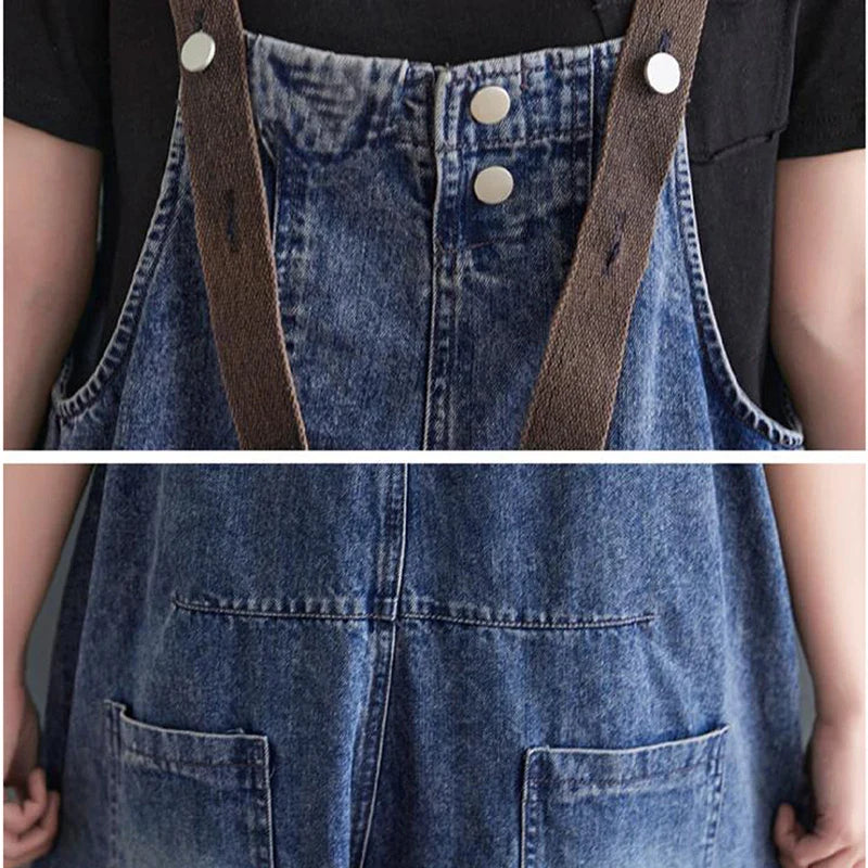Vintage Big Pocket Suspender Jeans Trousers - Women's Casual Denim Harem Pants