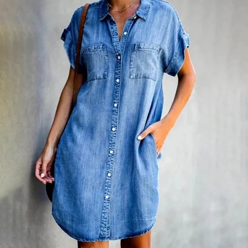 Women's Summer Denim Shirt Dress - Casual Loose Pocket Retro Commuter Office Style