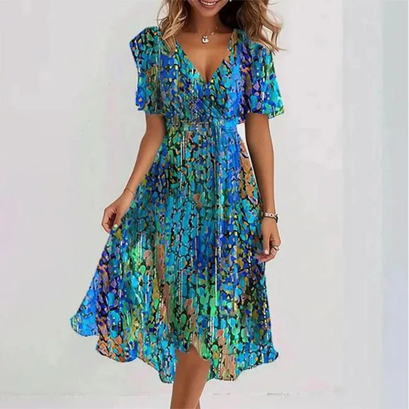 Sexy Deep V-neck Print Women's Summer Dresses - Elegant Swing Party Office Wear