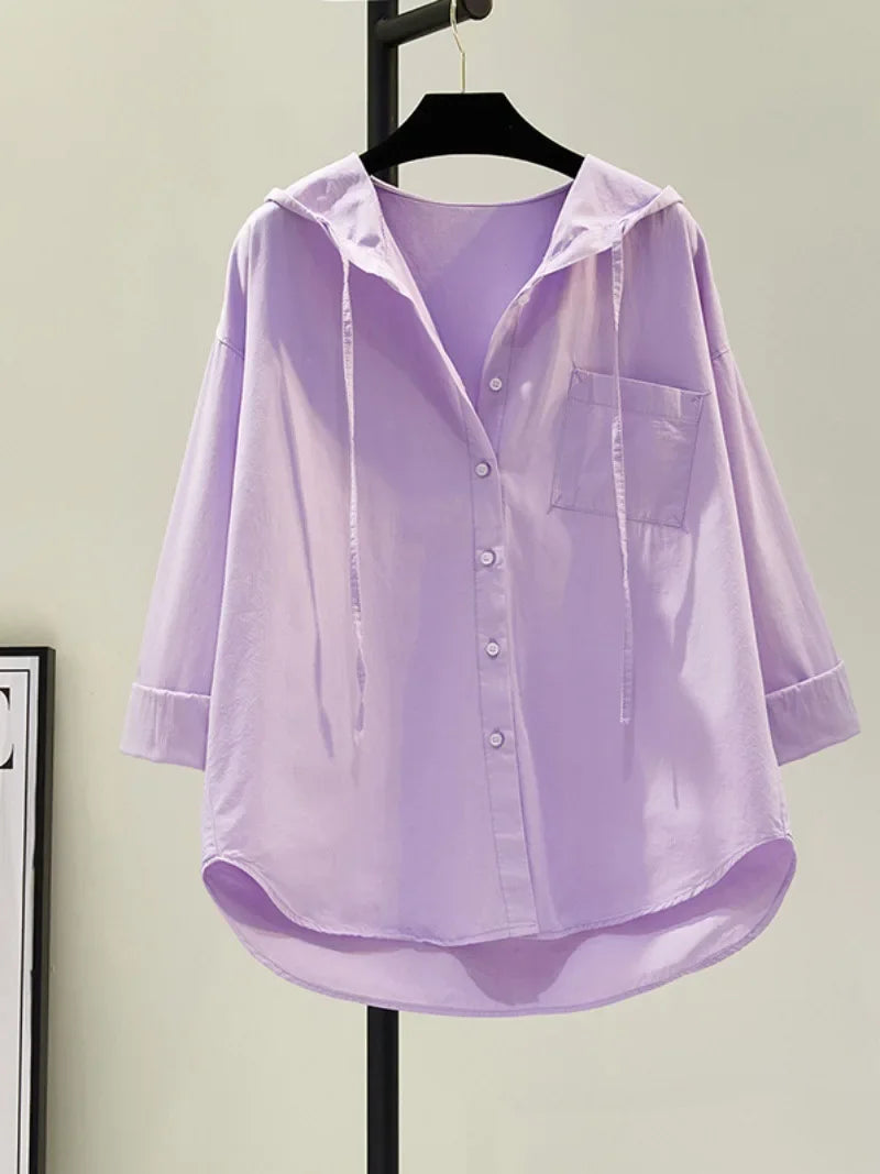 Women's Blouse in Soft Cotton with Hood, Casual Relaxed Fit for Everyday Comfort and Style