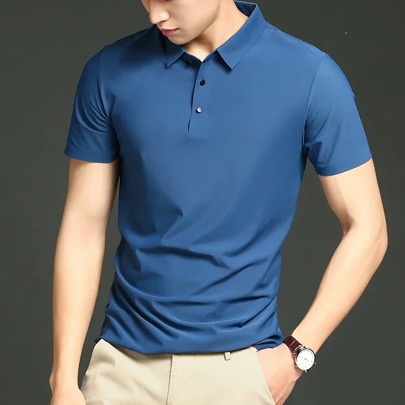 Men's Ice Silk Polo Shirt, Lightweight Breathable Fabric, Adjustable Tailored Fit for Office and Casual Wear