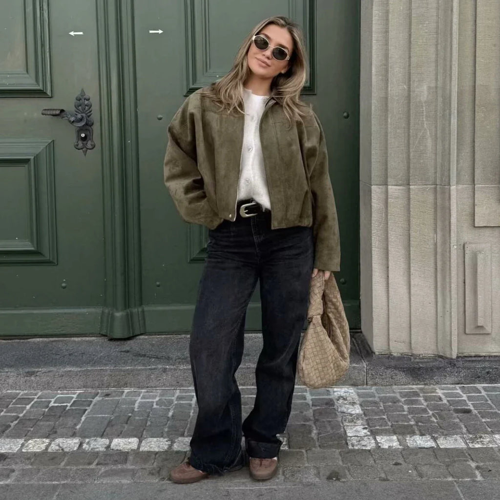 Oversized Damen-Bomberjacke – Kastenförmig, Samt, Herbst