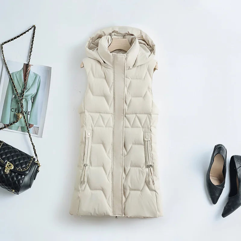 Lightweight Cozy Women Long Puffer Vest - Hooded Down