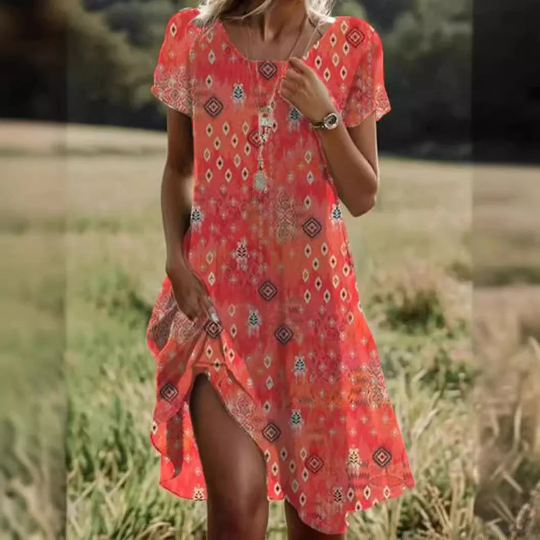 Summer Bohemian Dresses For Women V Neck Short Sleeve Floral Maxi Beach Dress