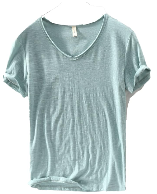 Men's V-Neck Linen Cotton Shirt, Lightweight Short Sleeve Slim-Fit Casual Top for Summer