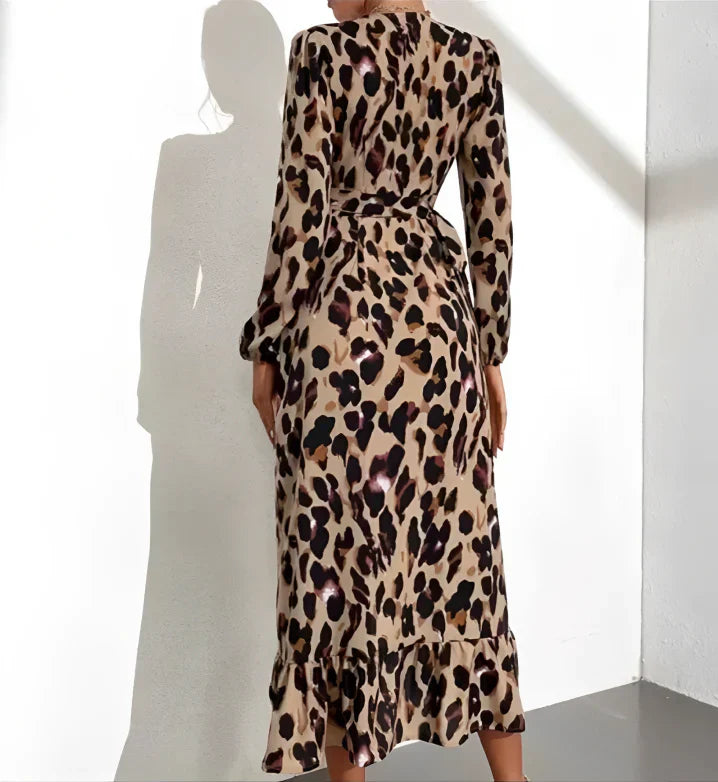 V-Neck A-Line Long Sleeve Midi Dress with Leopard Print for Women, Stylish Casual Cotton Blend