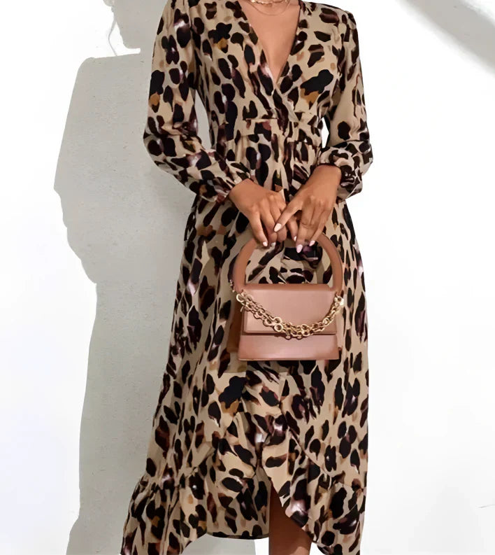 V-Neck A-Line Long Sleeve Midi Dress with Leopard Print for Women, Stylish Casual Cotton Blend