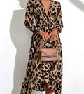 V-Neck A-Line Long Sleeve Midi Dress with Leopard Print for Women, Stylish Casual Cotton Blend
