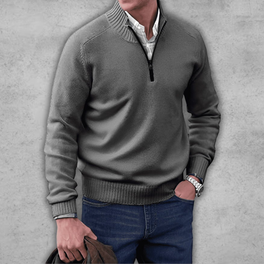 Weicher, klassischer Herren-Pullover mit Viertelreißverschluss – gerippte Baumwolle
