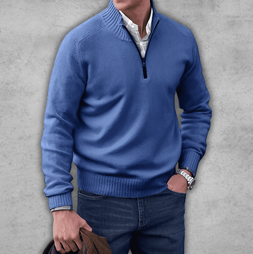 Weicher, klassischer Herren-Pullover mit Viertelreißverschluss – gerippte Baumwolle