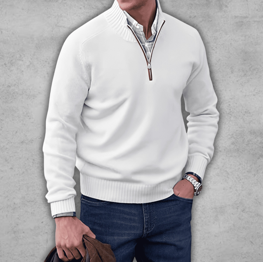 Weicher, klassischer Herren-Pullover mit Viertelreißverschluss – gerippte Baumwolle