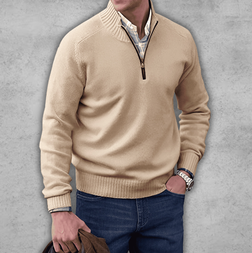 Weicher, klassischer Herren-Pullover mit Viertelreißverschluss – gerippte Baumwolle