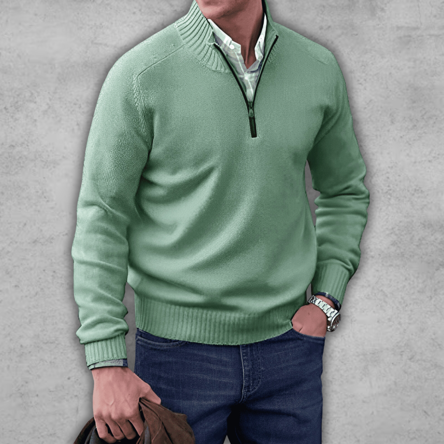 Weicher, klassischer Herren-Pullover mit Viertelreißverschluss – gerippte Baumwolle