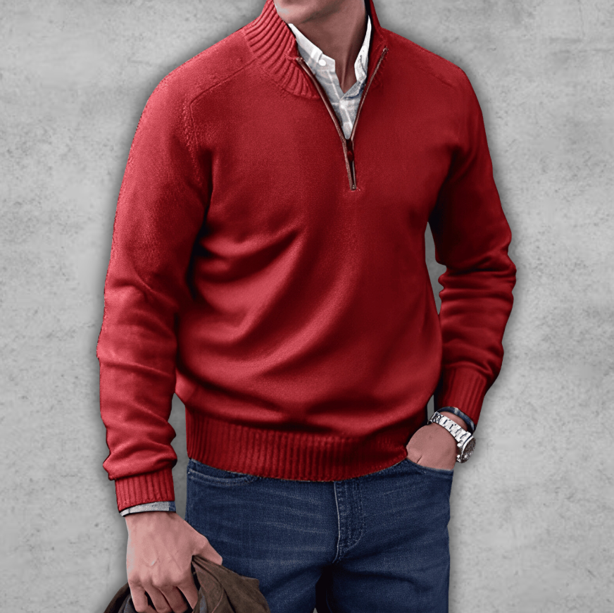 Weicher, klassischer Herren-Pullover mit Viertelreißverschluss – gerippte Baumwolle