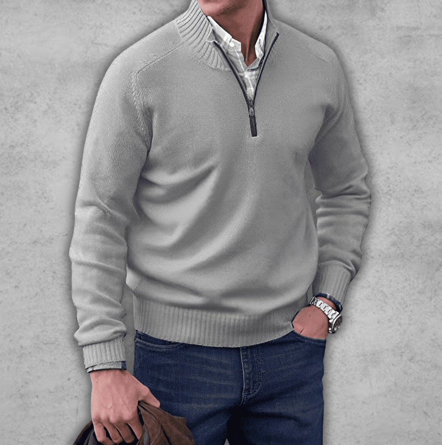 Weicher, klassischer Herren-Pullover mit Viertelreißverschluss – gerippte Baumwolle