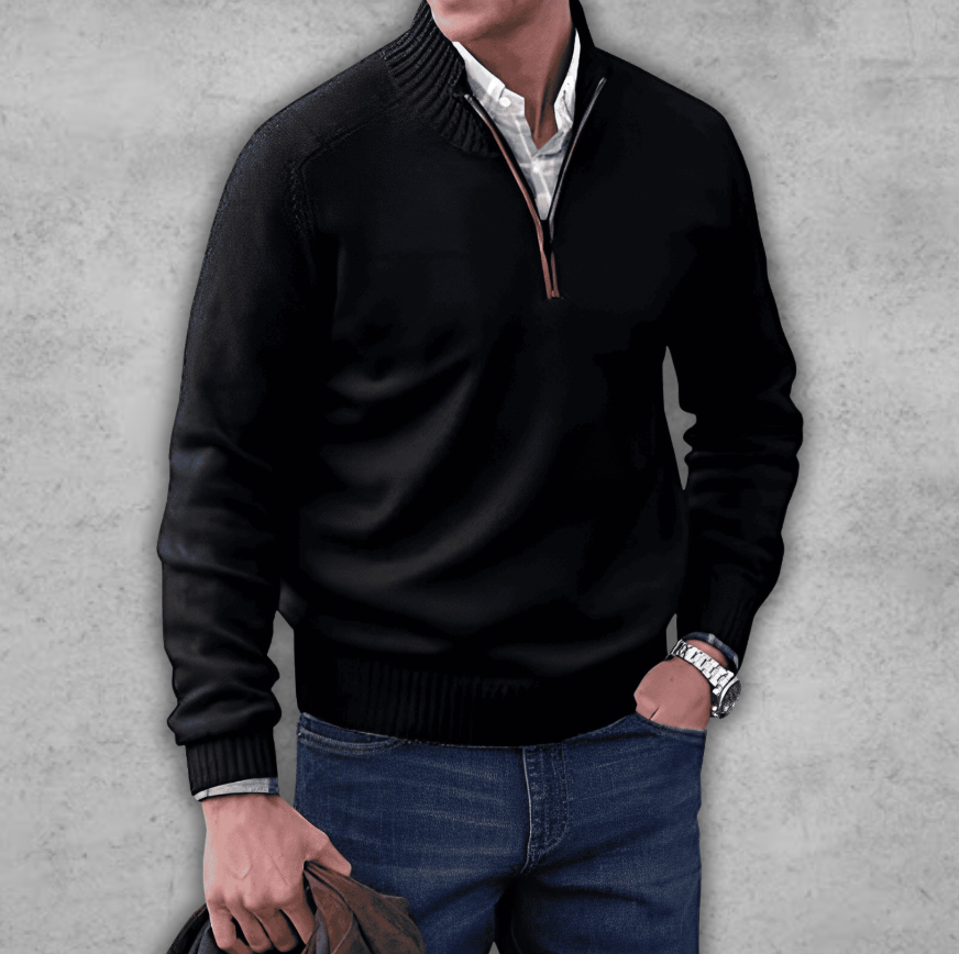 Weicher, klassischer Herren-Pullover mit Viertelreißverschluss – gerippte Baumwolle