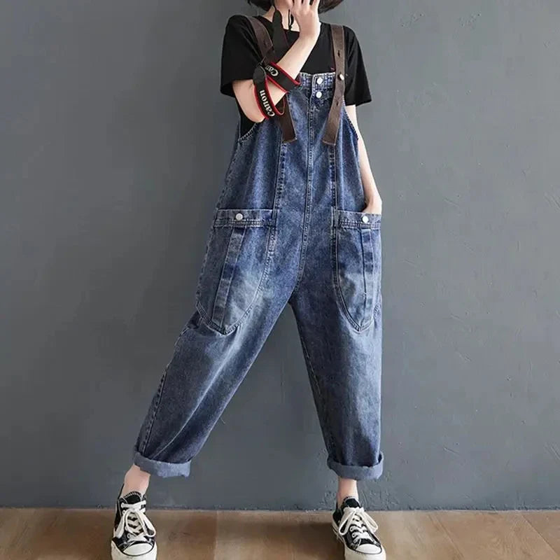 Vintage Big Pocket Suspender Jeans Trousers - Women's Casual Denim Harem Pants