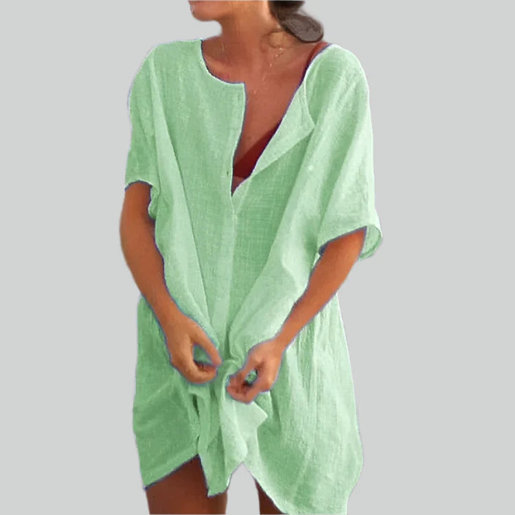 Cotton Linen Long Blouse Summer Short Sleeve Vintage Oversized Casual Shirt