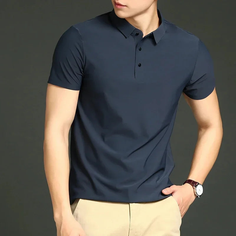 Men's Ice Silk Polo Shirt, Lightweight Breathable Fabric, Adjustable Tailored Fit for Office and Casual Wear