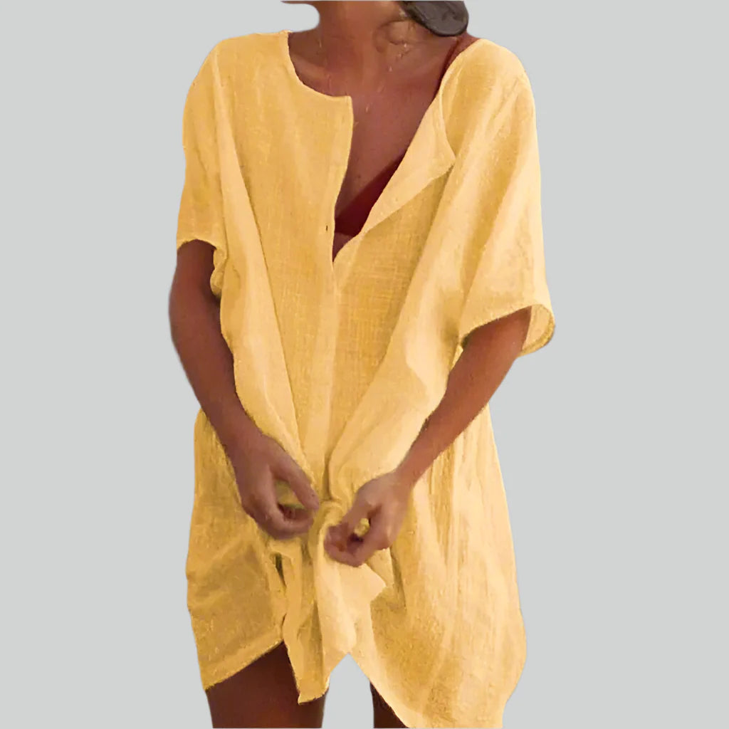 Cotton Linen Long Blouse Summer Short Sleeve Vintage Oversized Casual Shirt