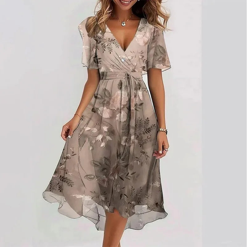 Sexy Deep V-neck Print Women's Summer Dresses - Elegant Swing Party Office Wear