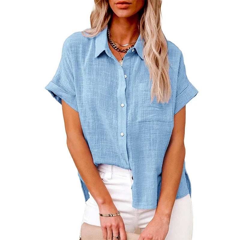 Linen Shirt Short Sleeve Casual Loose Fit Blouse Fresh Sweet Style Polyester Fabric