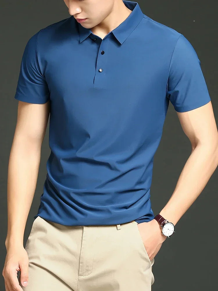 Men's Ice Silk Polo Shirt, Lightweight Breathable Fabric, Adjustable Tailored Fit for Office and Casual Wear