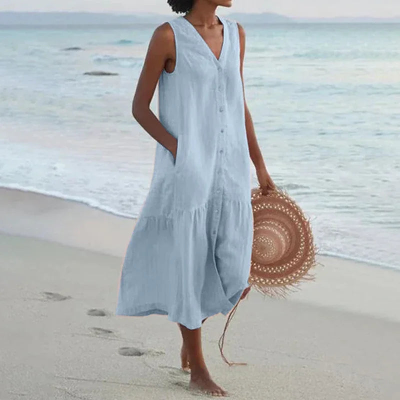 Sommerliches, lockeres Patchwork-Kleid aus Baumwoll-Leinen-Mischgewebe mit V-Ausschnitt – Midi-Länge im Strandstil für Damen