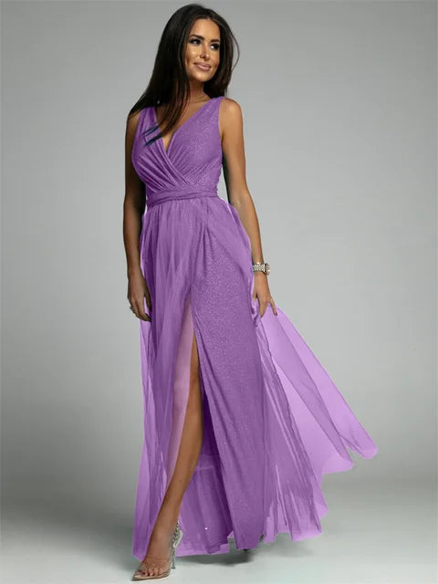 Elegant V-Neck Sleeveless Dress with Slit Hem, Plus Size Formal Wedding Guest Cocktail Dress