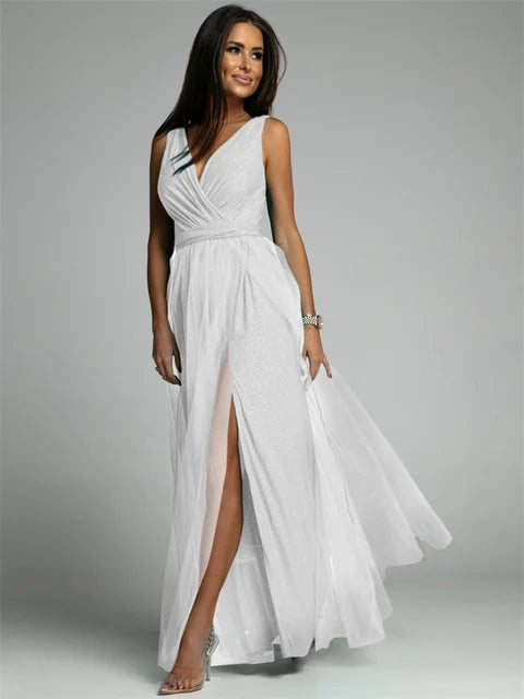 Elegant V-Neck Sleeveless Dress with Slit Hem, Plus Size Formal Wedding Guest Cocktail Dress