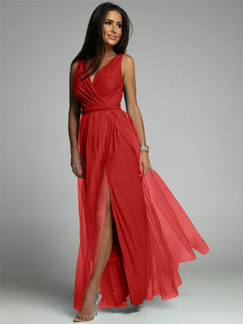 Elegant V-Neck Sleeveless Dress with Slit Hem, Plus Size Formal Wedding Guest Cocktail Dress